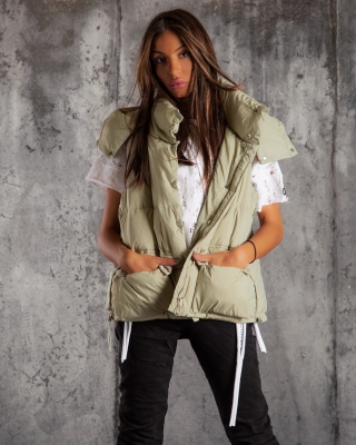 Елек с мобилна качулка и естествен пух Times Square, Зелен Цвят