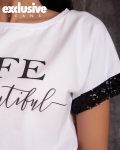 Тениска с пайети Life Is Beautiful, Бял Цвят